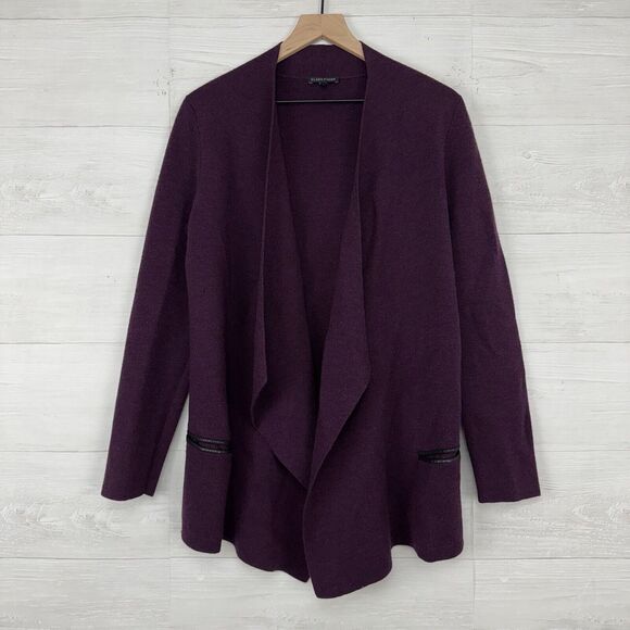 Eileen Fisher Cardigan Medium Purple Merino Wool Open Front Leather Trim Pockets - Picture 14 of 14